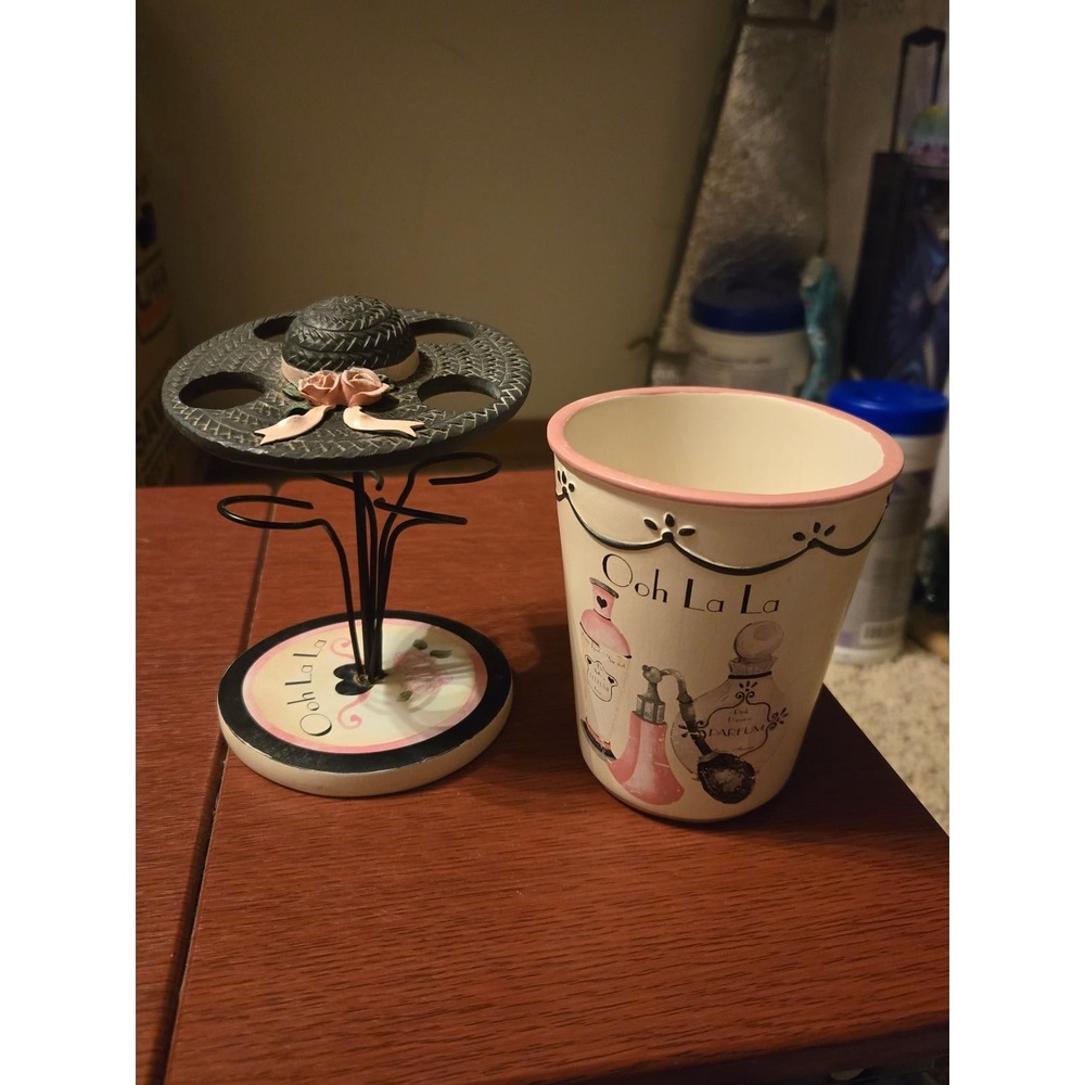 Ooh La La Parisian Vanity Set Ceramic Brush Holder and Metal Lipstick Stand